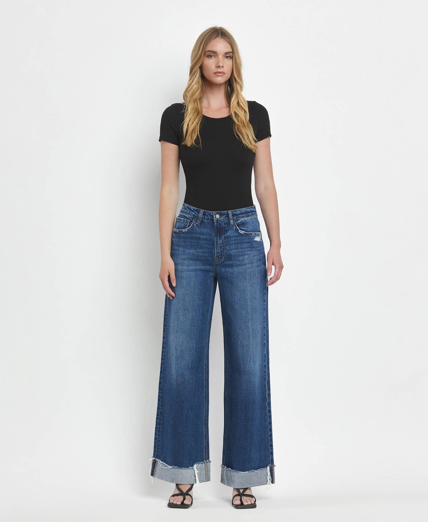 VERVET by FLYING MONKEY - SUPER HIGH RISE CUFFED BAGGY WIDE LEG JEANS T6614
