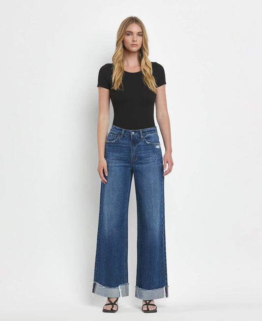 VERVET by FLYING MONKEY - SUPER HIGH RISE CUFFED BAGGY WIDE LEG JEANS T6614
