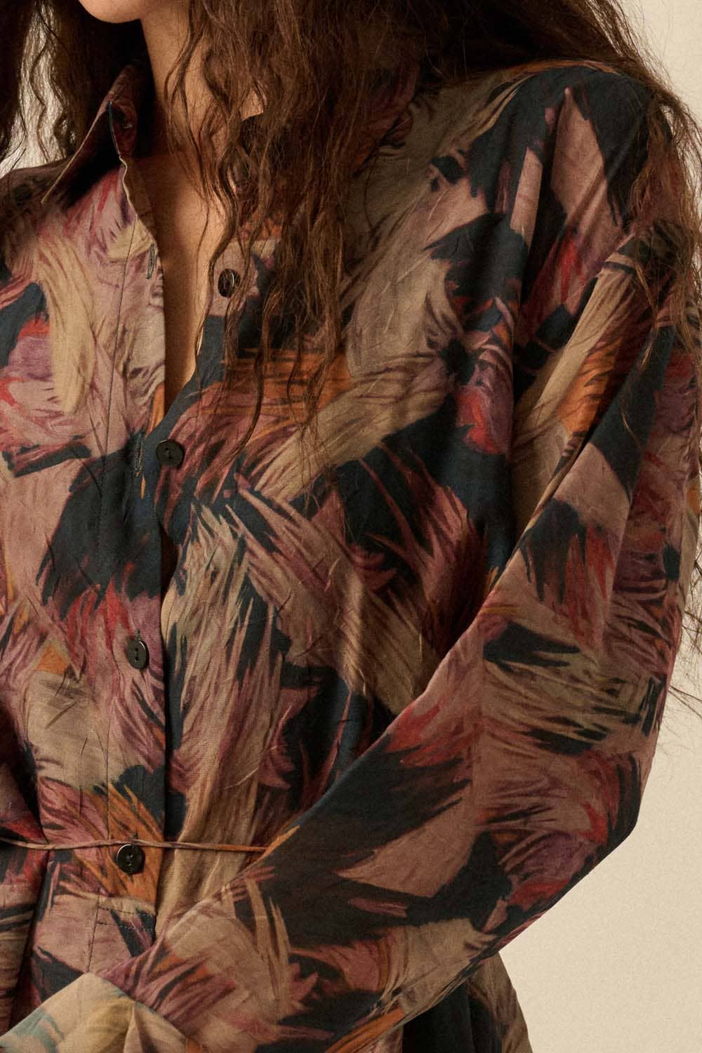 Abstract-Print Belted Button-Up Shirt Romper