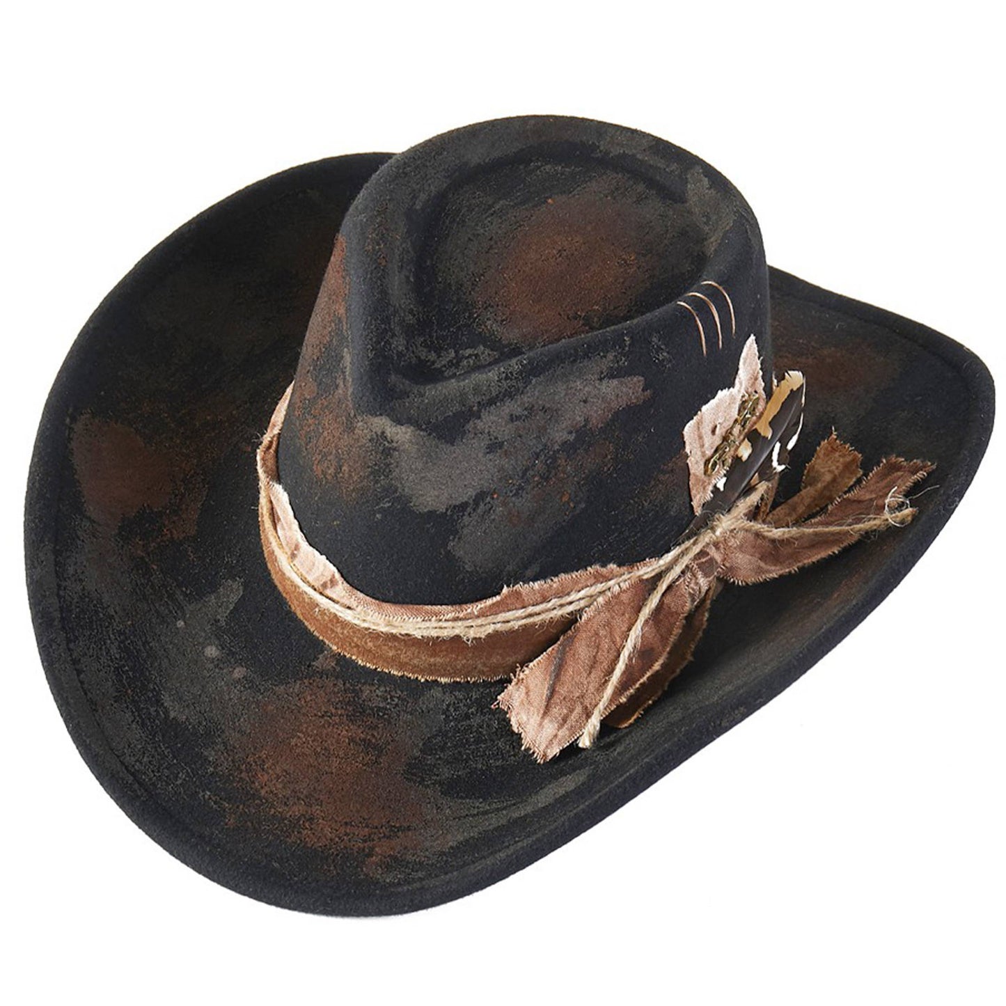 Distressed Fabric Band Rustic Cowgirl Fedora Hat