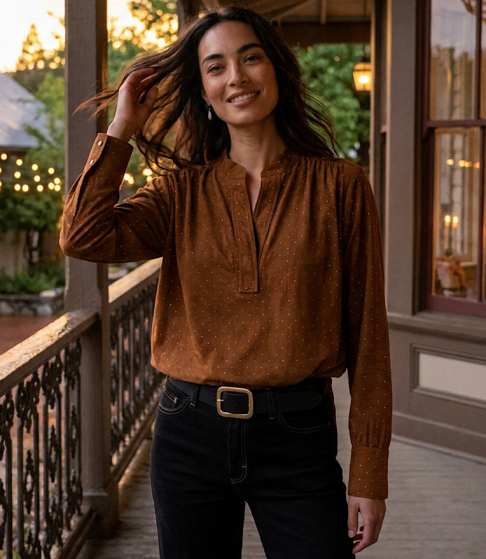 Faux Suede Embellished Half-Placket Shirt