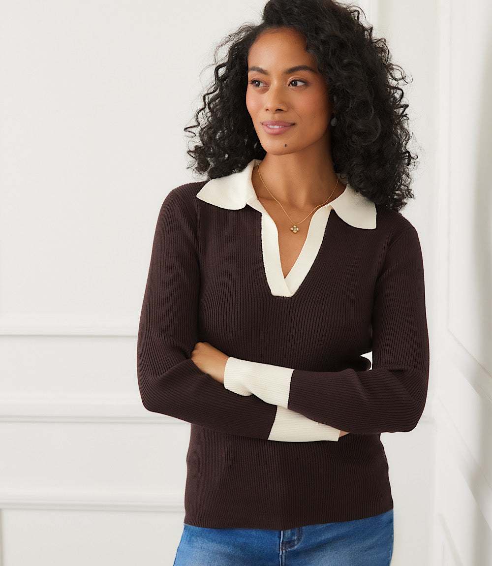 Contrast Ribbed Polo Sweater