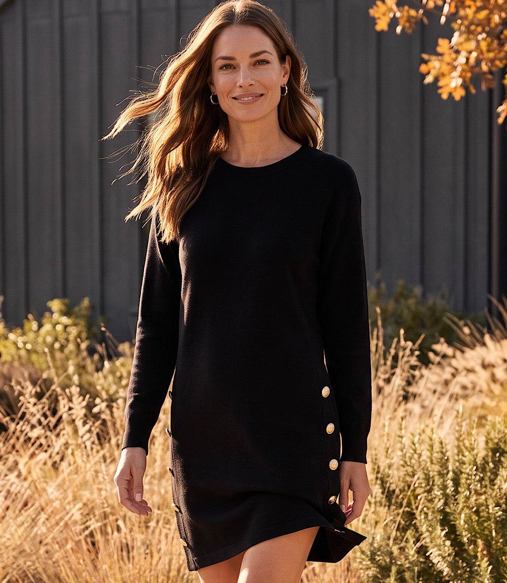 Long Sleeve Crewneck Button Detail Dress