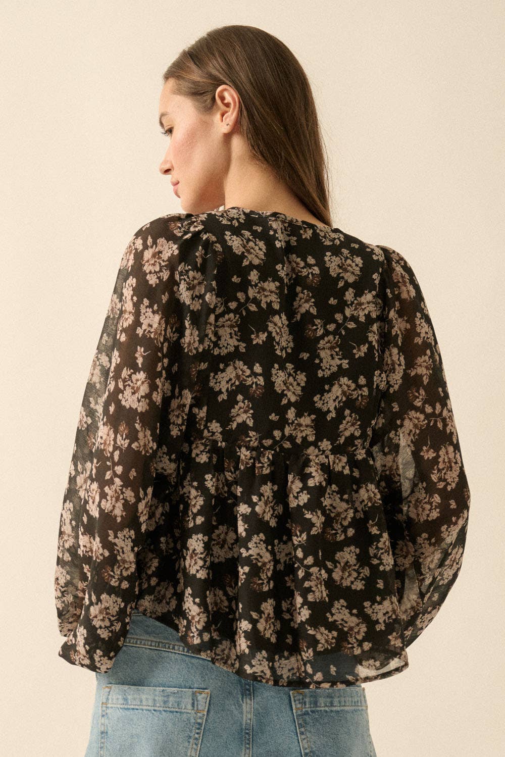 Floral Chiffon Tie-Neck Babydoll Peasant Top