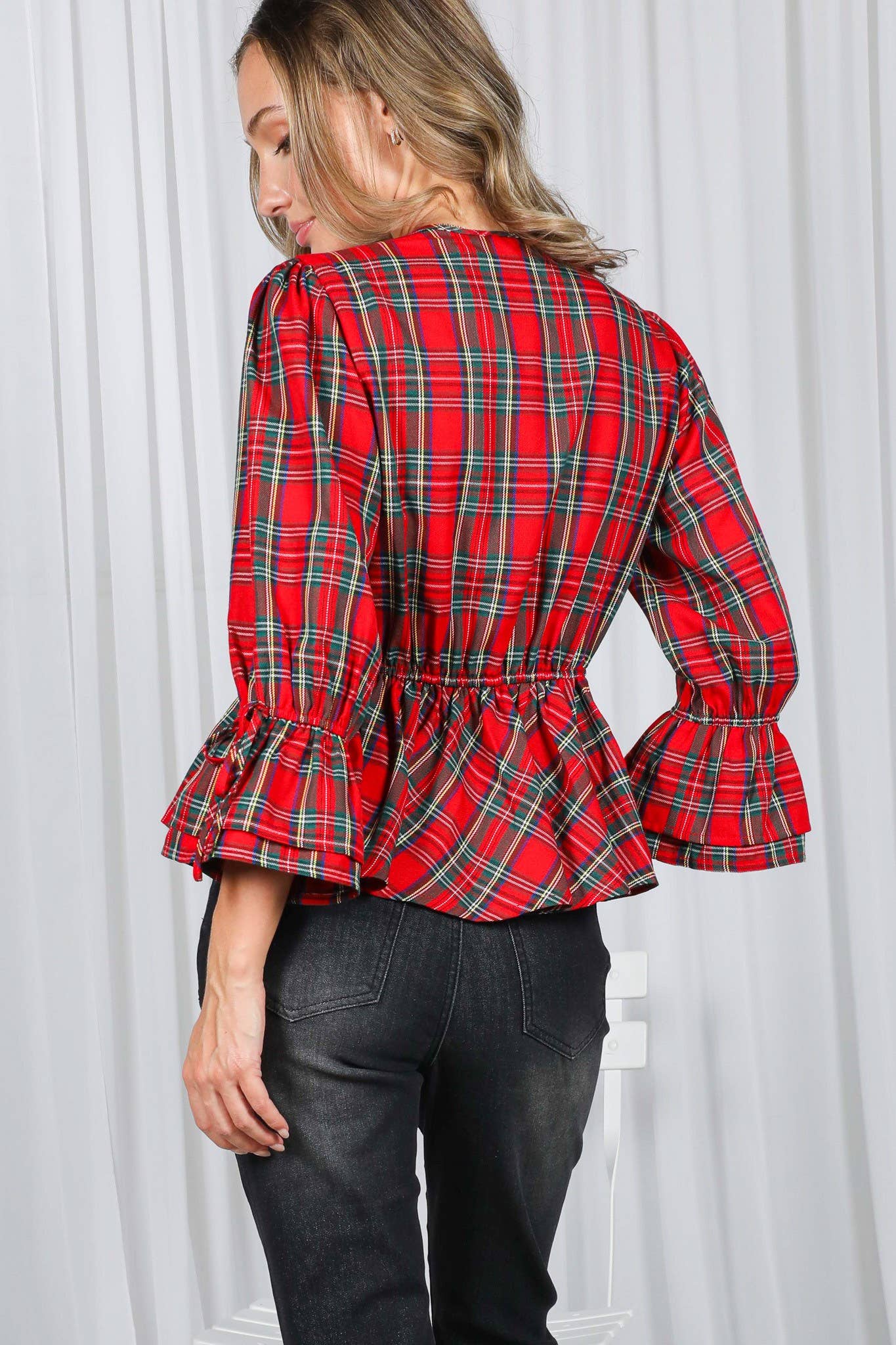 Front Tie Deep V-Neck Ruffle Plaid Top