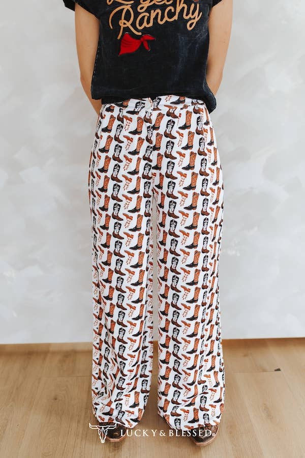 Ivory Western Boots Printed Wide Leg Pants