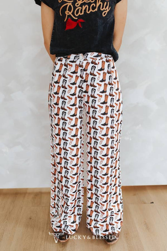 Ivory Western Boots Printed Wide Leg Pants