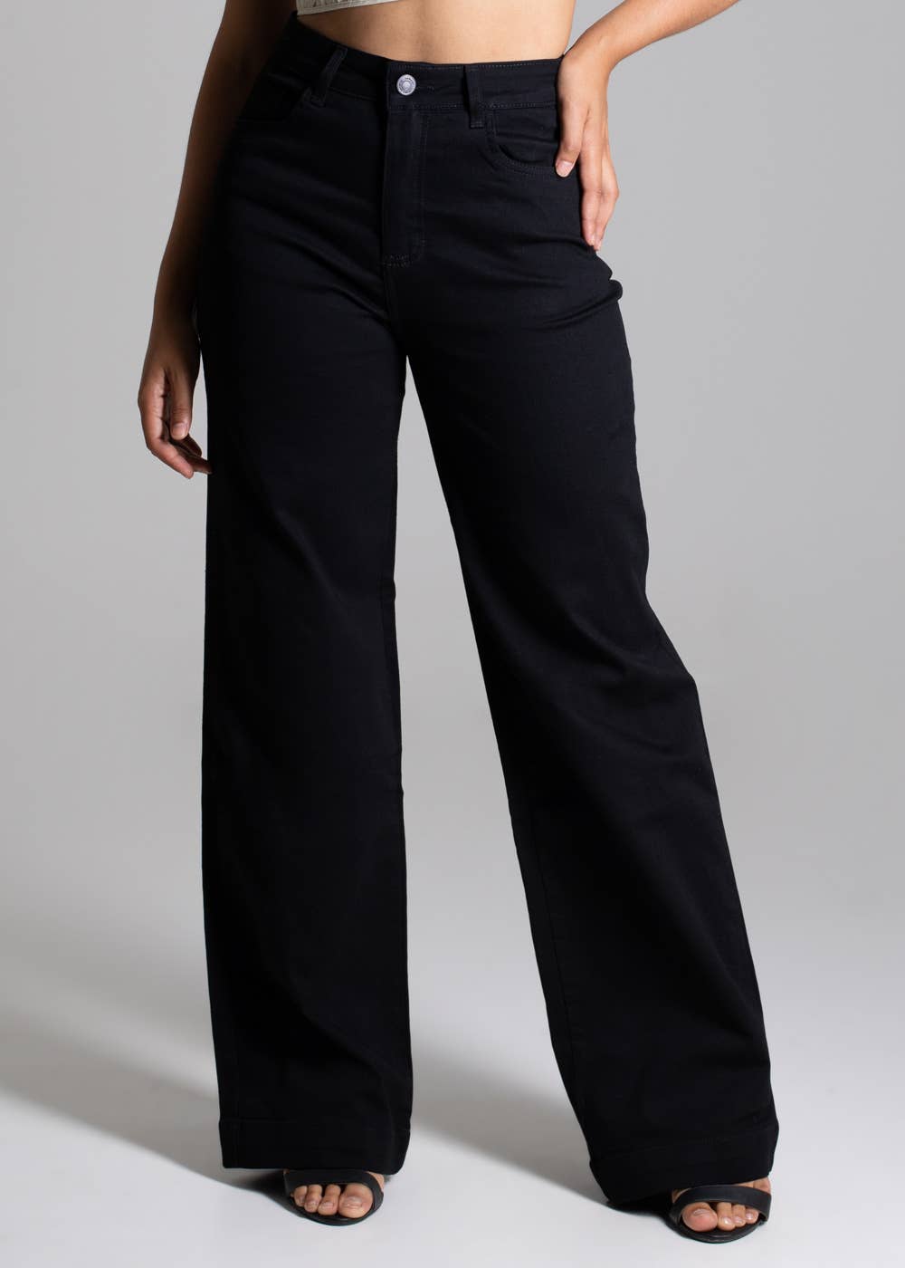 Sawary High-Waisted Wide Leg Twill Women's Pants in Black