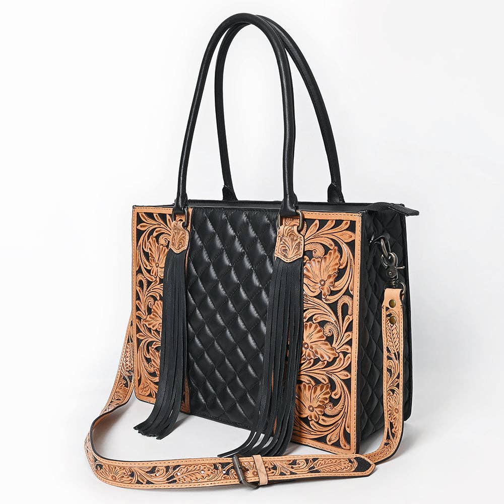 Cowhide & Hand-Tooled Leather Tote | Fringe Shoulder Bag