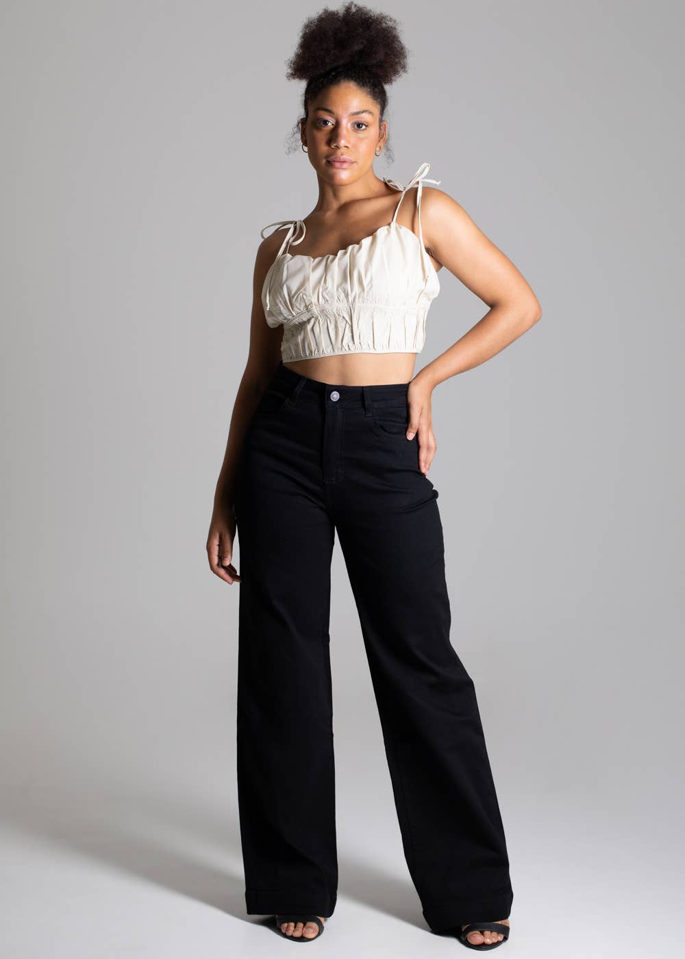 Sawary High-Waisted Wide Leg Twill Women's Pants in Black