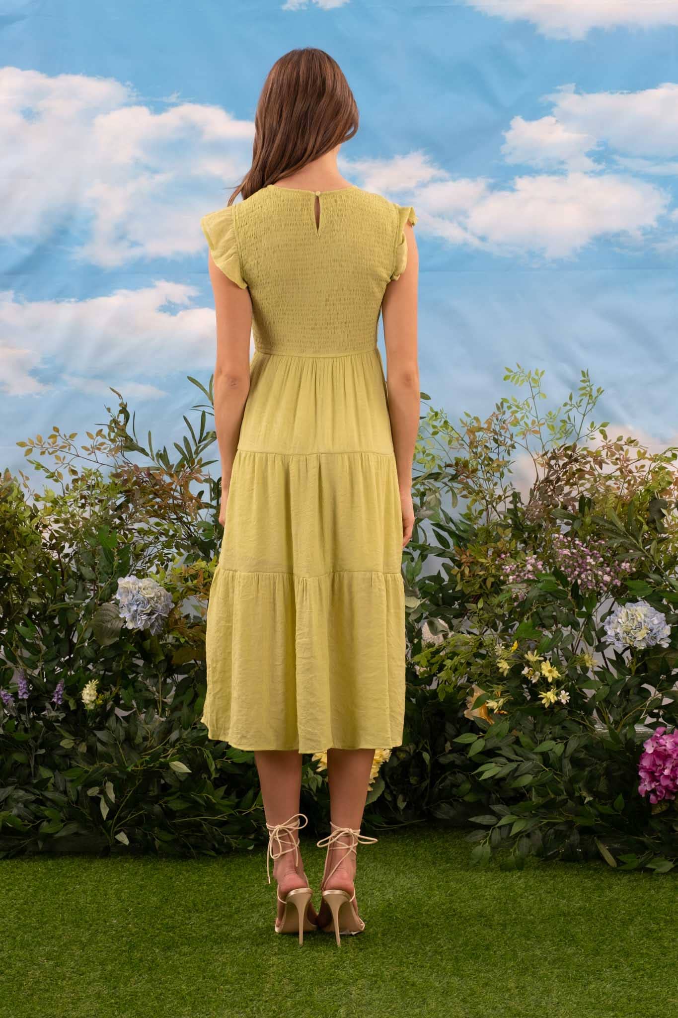 SMOCKED TIERED MIDI DRESS: DUSTY YELLOW