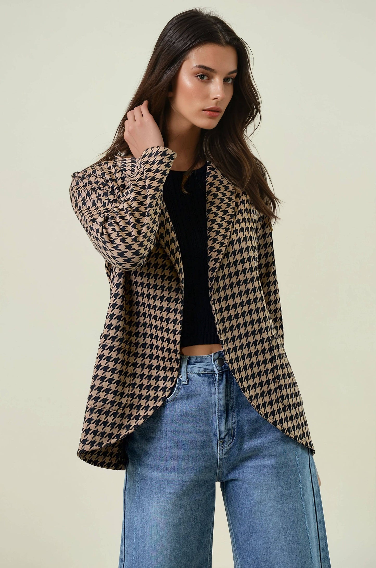 Doe and Rae - HOUNDSTOOTH JACQUARD SHAWL NECK BLAZER JACKET - 10706J: MOCHA/BLACK / S