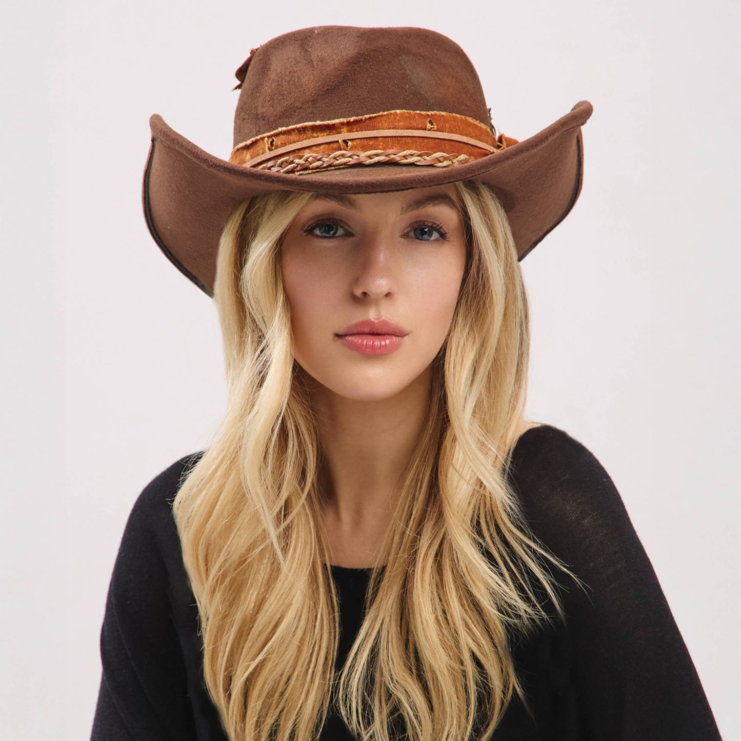 Distressed Band with Feather Cowgirl Fedora Hat