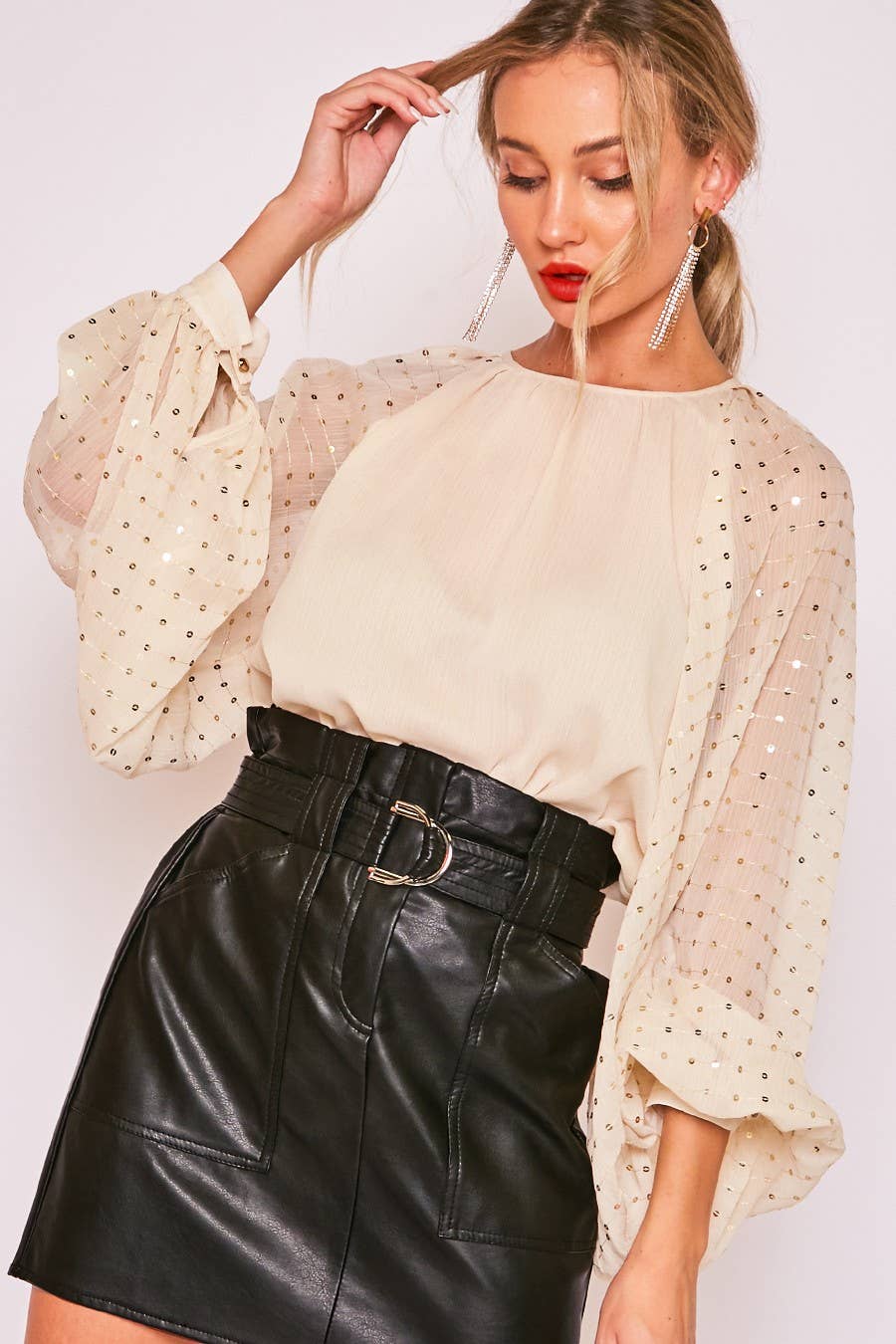 Sequin Long Balloon Sleeve Crinkle Chiffon Blouse