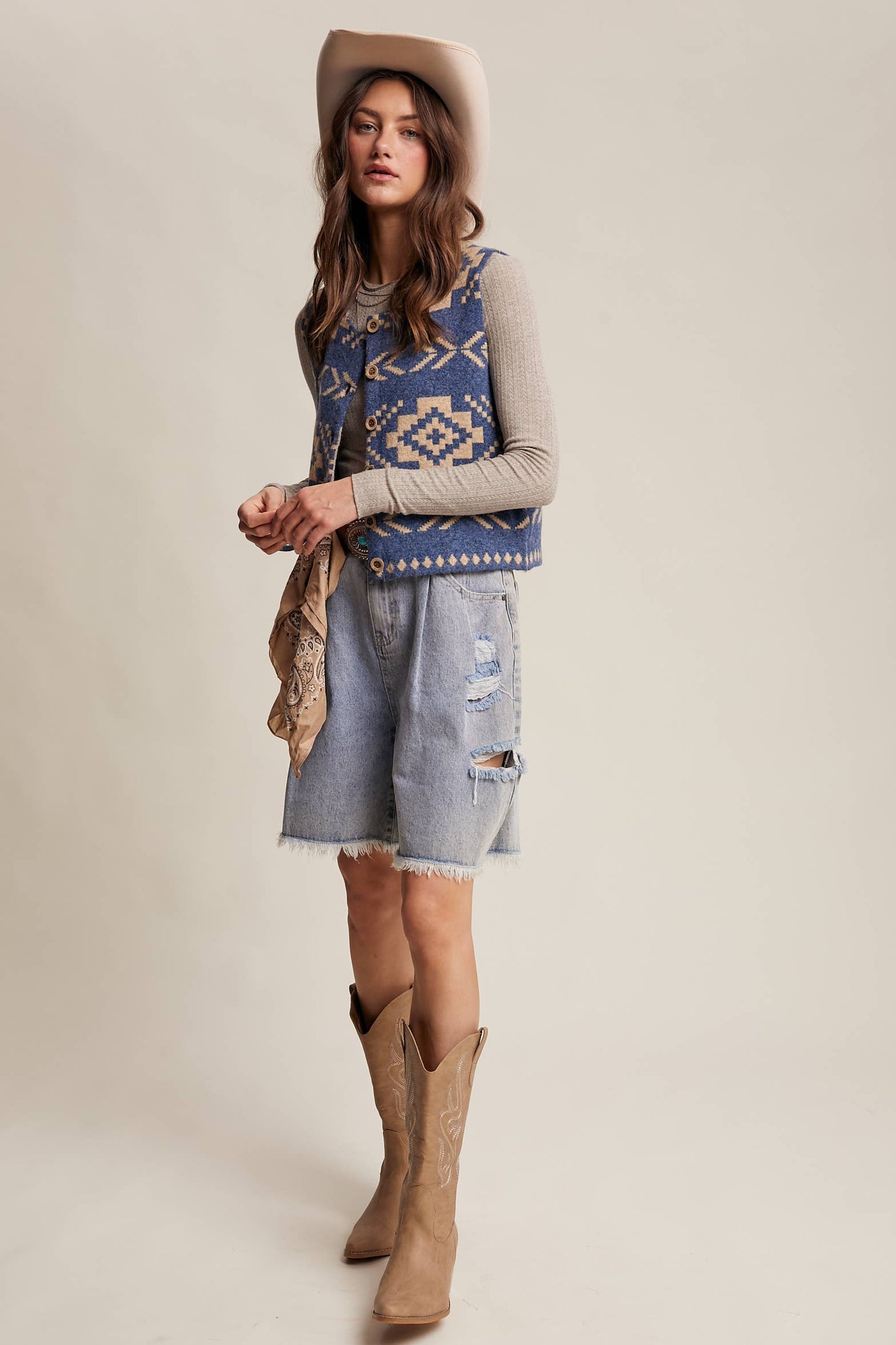 Listicle - Southwestern Button-Up Wool Vest: Amber Brown / M