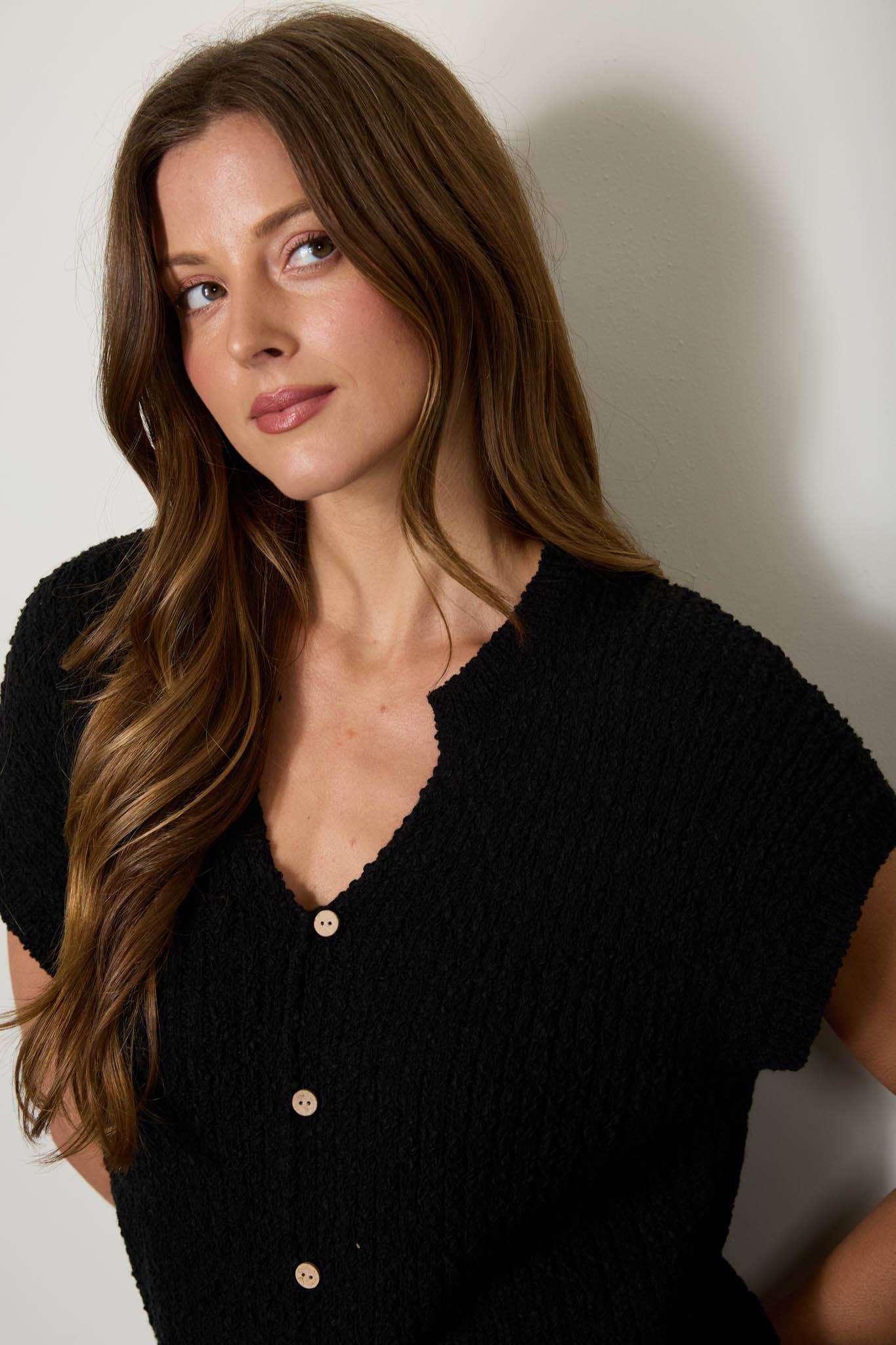 COZY SHORT SLEEVE BUTTON DOWN KNIT SWEATER