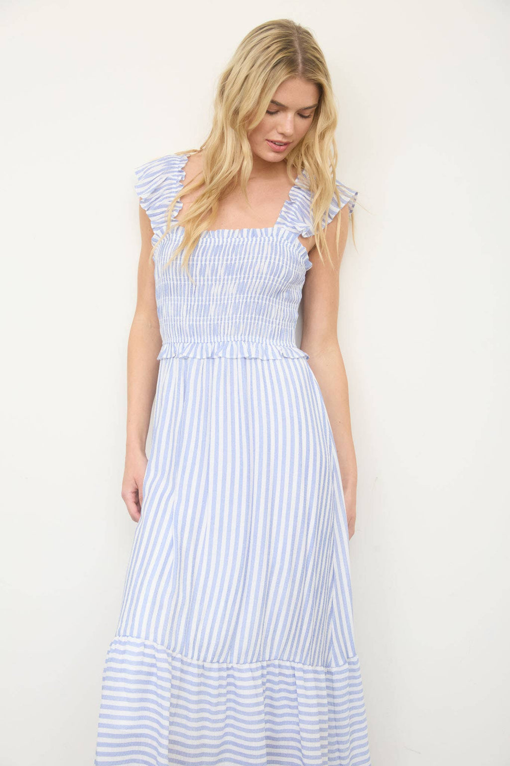 STRIPE SMOCKED RUFFLE TRIM MIDI DRESS