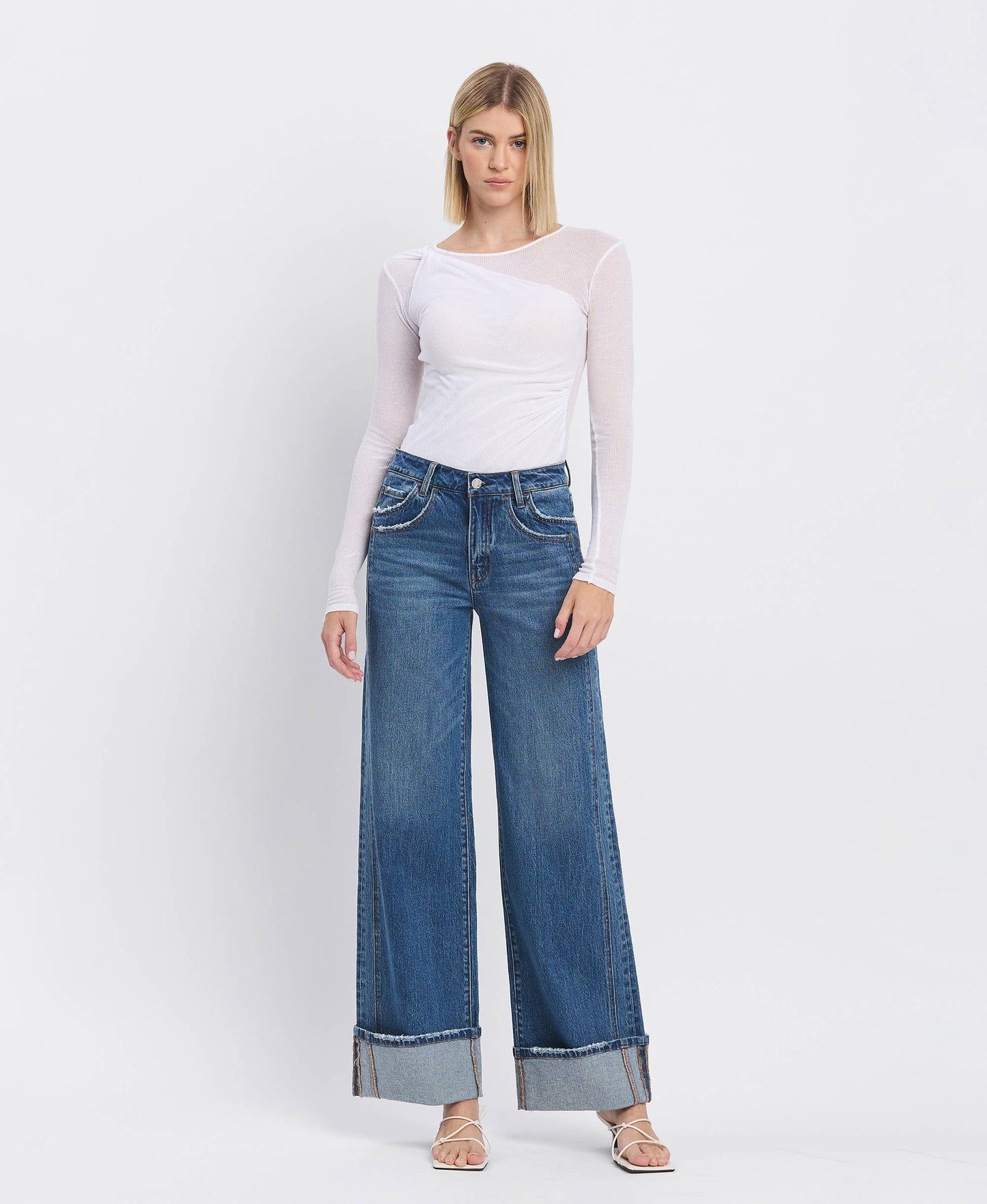 VERVET by FLYING MONKEY - HIGH RISE CUFFED PANEL BAGGY WIDE JEANS T6645