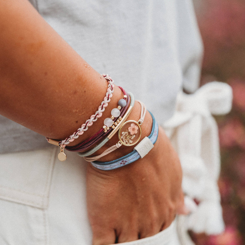K'lani hair tie bracelets - "Bloom" Maroon and Pink with Pressed Flowers Hair Tie Bracelets