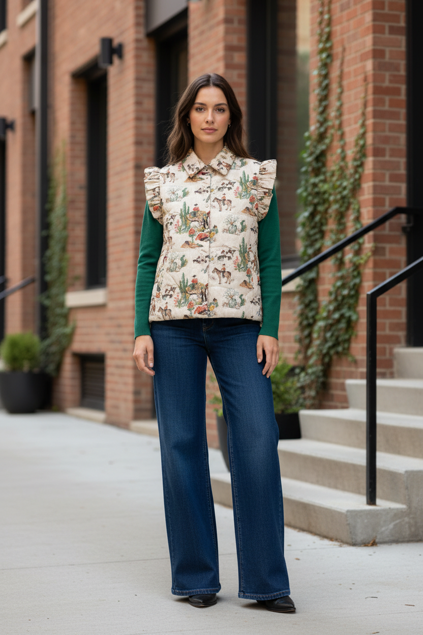 TAUPE WAGON WHEEL RUFFLE VEST