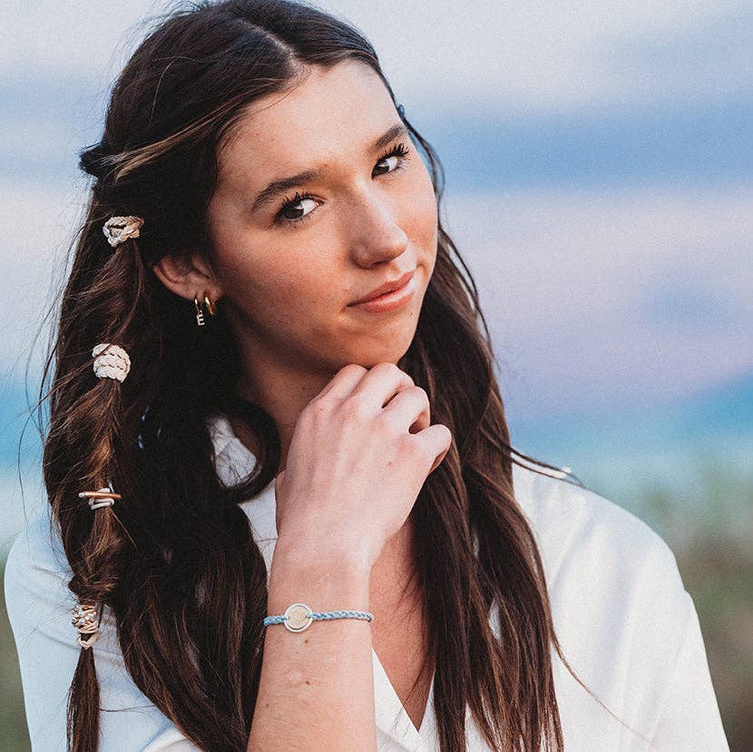 K'lani hair tie bracelets - "Wonder" Soft Creams and Blues with Pearls and Gold Hair Tie Bracelets