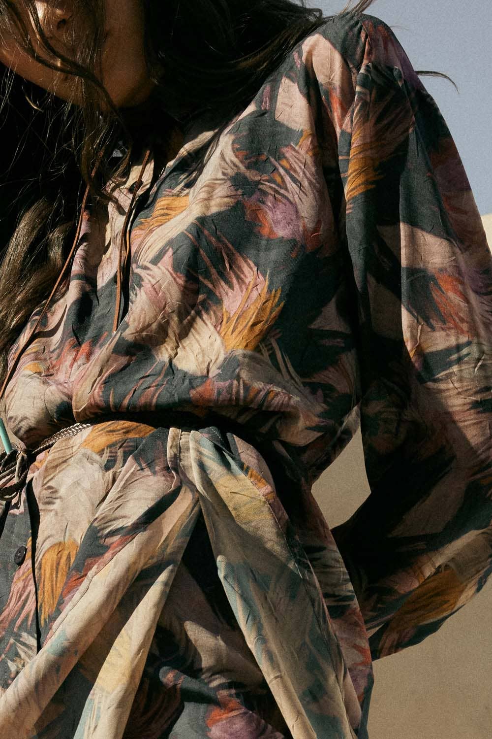 Abstract-Print Belted Button-Up Shirt Romper