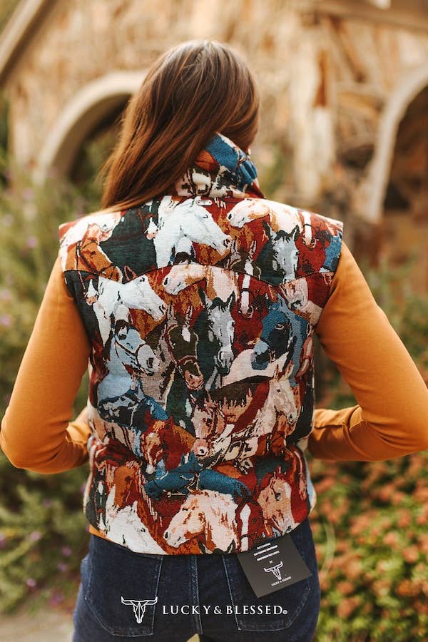 Jacquard Woven Red Horses Zip-Up Sleeveless Puffer Jacket