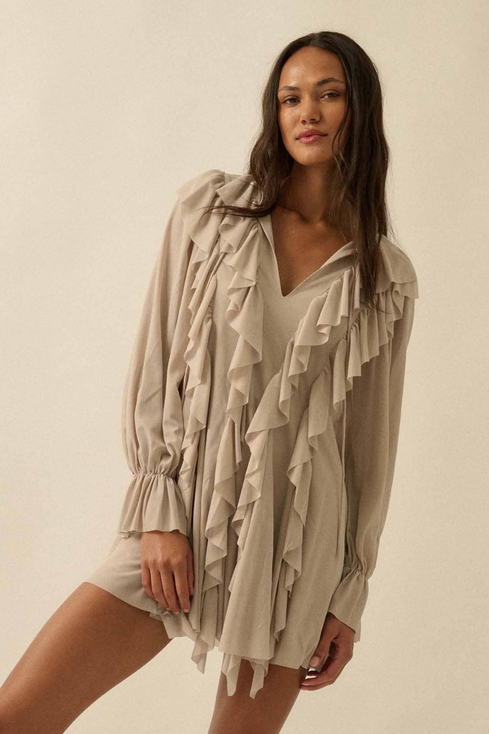 Cascade Ruffles Trumpet-Sleeve Knit Romper