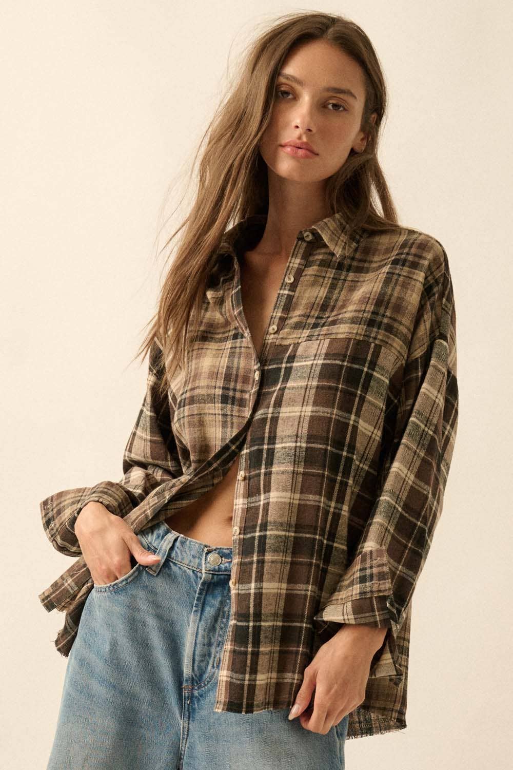 Colorblock Plaid Flannel Loose-Fit Button-Up Shirt