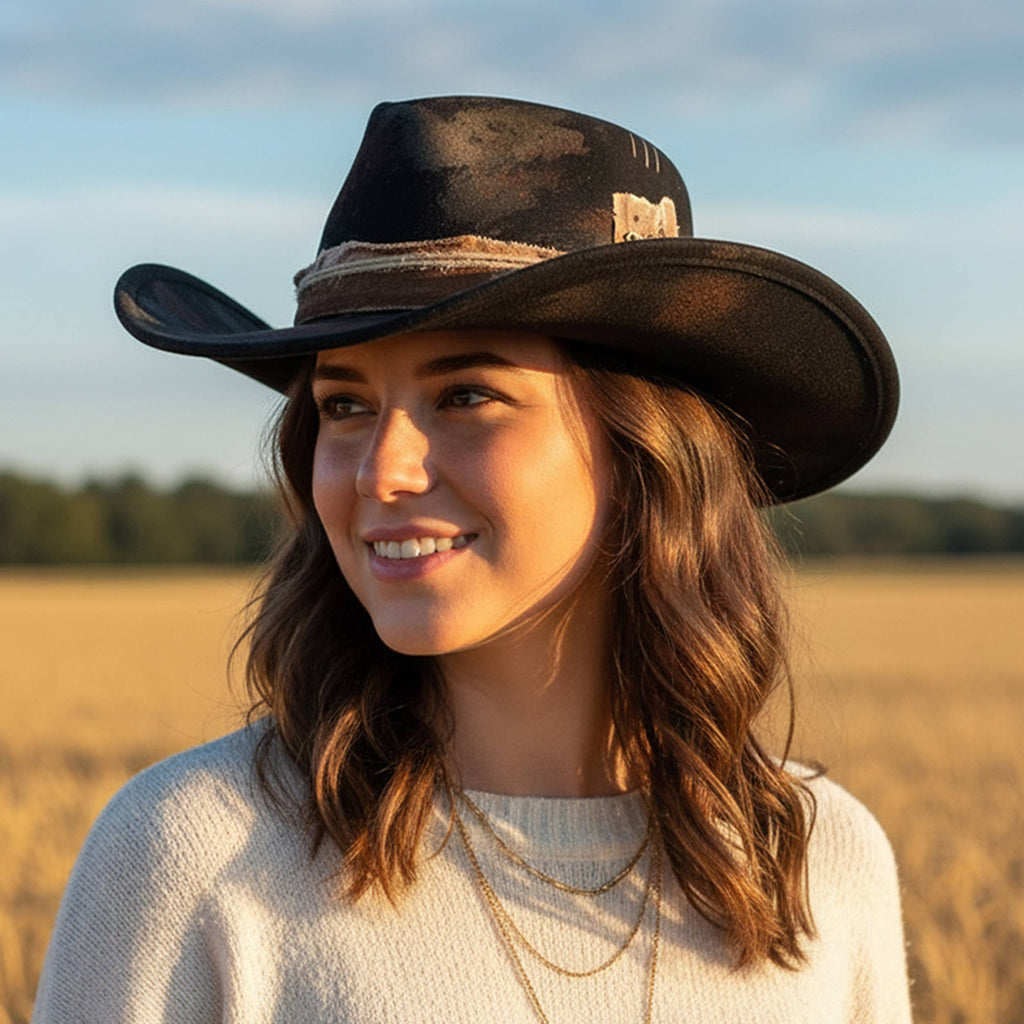 Distressed Fabric Band Rustic Cowgirl Fedora Hat