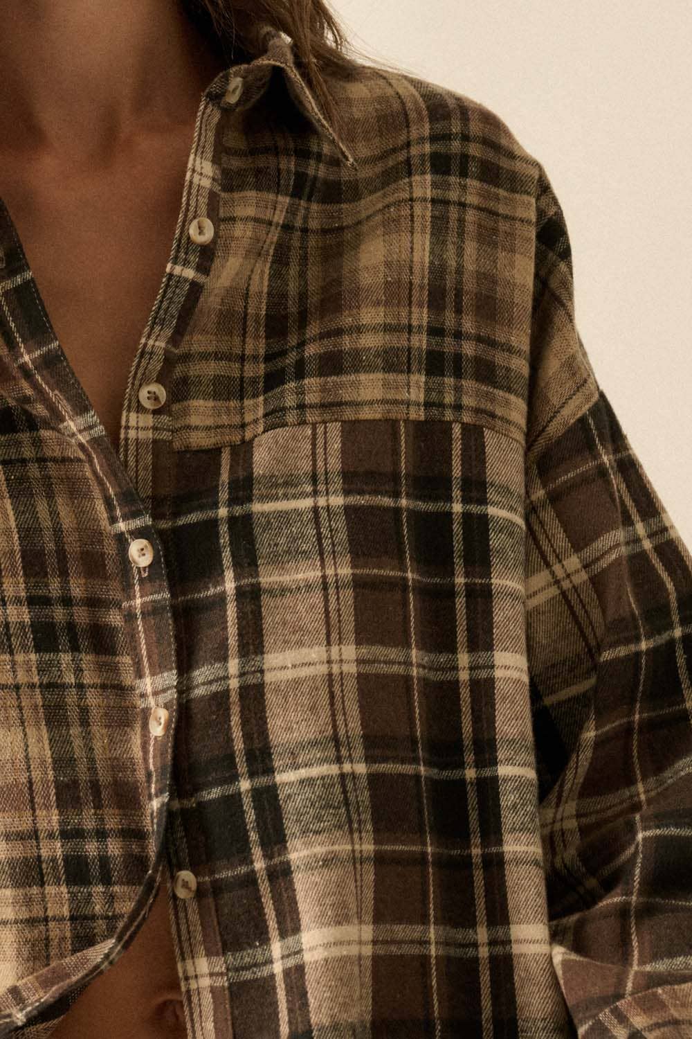 Colorblock Plaid Flannel Loose-Fit Button-Up Shirt