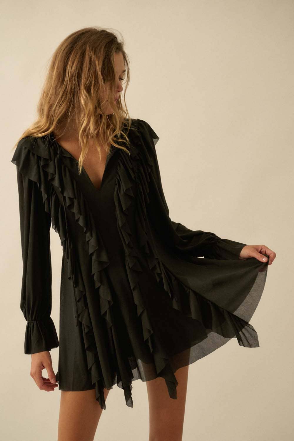 Cascade Ruffles Trumpet-Sleeve Knit Romper