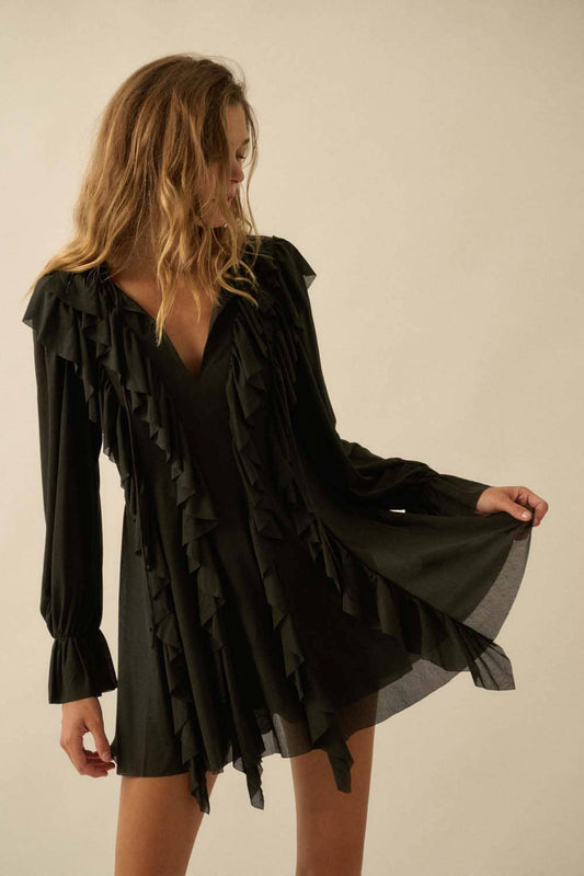 Cascade Ruffles Trumpet-Sleeve Knit Romper