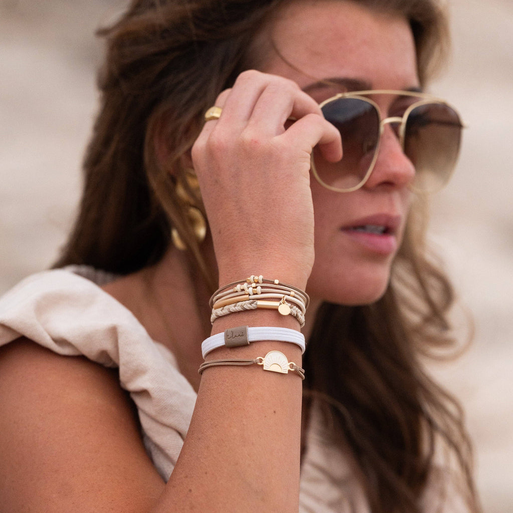 K'lani hair tie bracelets - "Rise" Cream and Tan With Gold and Sun Accents Hair Tie Bracelets