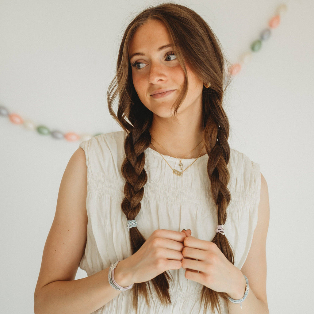 K'lani hair tie bracelets - "Praise" Silver Cross with muted Pastels Hair Tie Bracelets