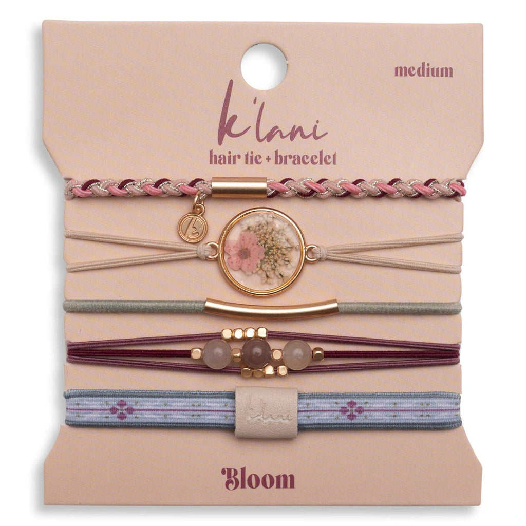 K'lani hair tie bracelets - "Bloom" Maroon and Pink with Pressed Flowers Hair Tie Bracelets