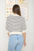 STRIPE RAW EDGE DROP SHOULDER SHORT SLEEVE SWEATER