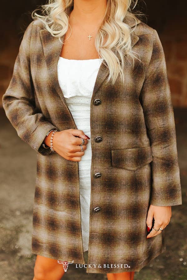Brown Plaid Western Yoke Long Blazer W Quilt Lined