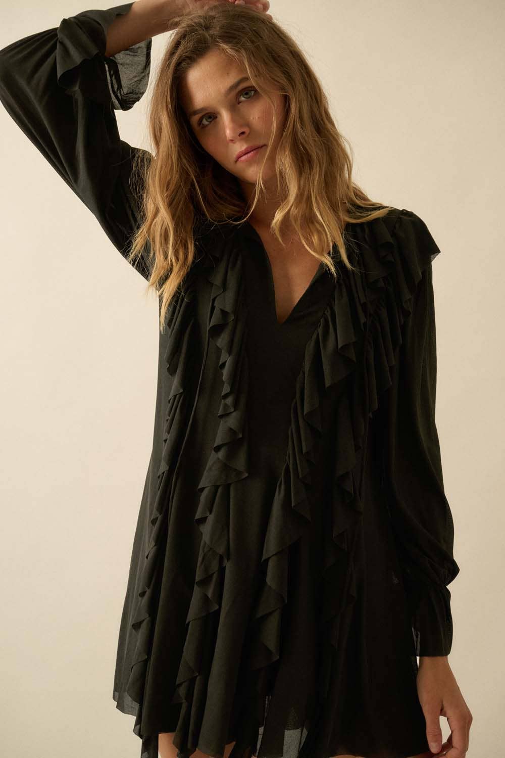 Cascade Ruffles Trumpet-Sleeve Knit Romper