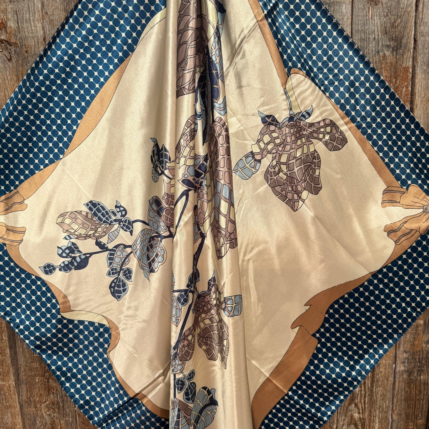 Rodeo Drive - 35X35" Tan and Blue Floral Wild Rag / Scarf WR3302