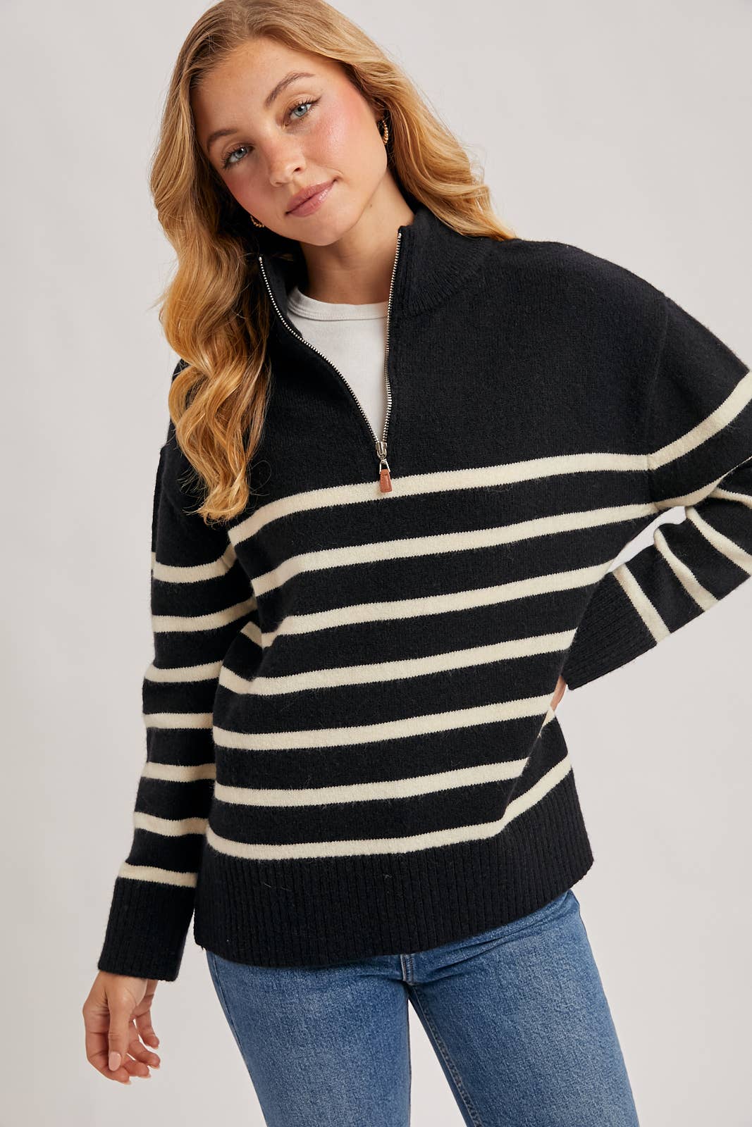 QUARTER ZIP UP STRIPE SWEATER PULLOVER