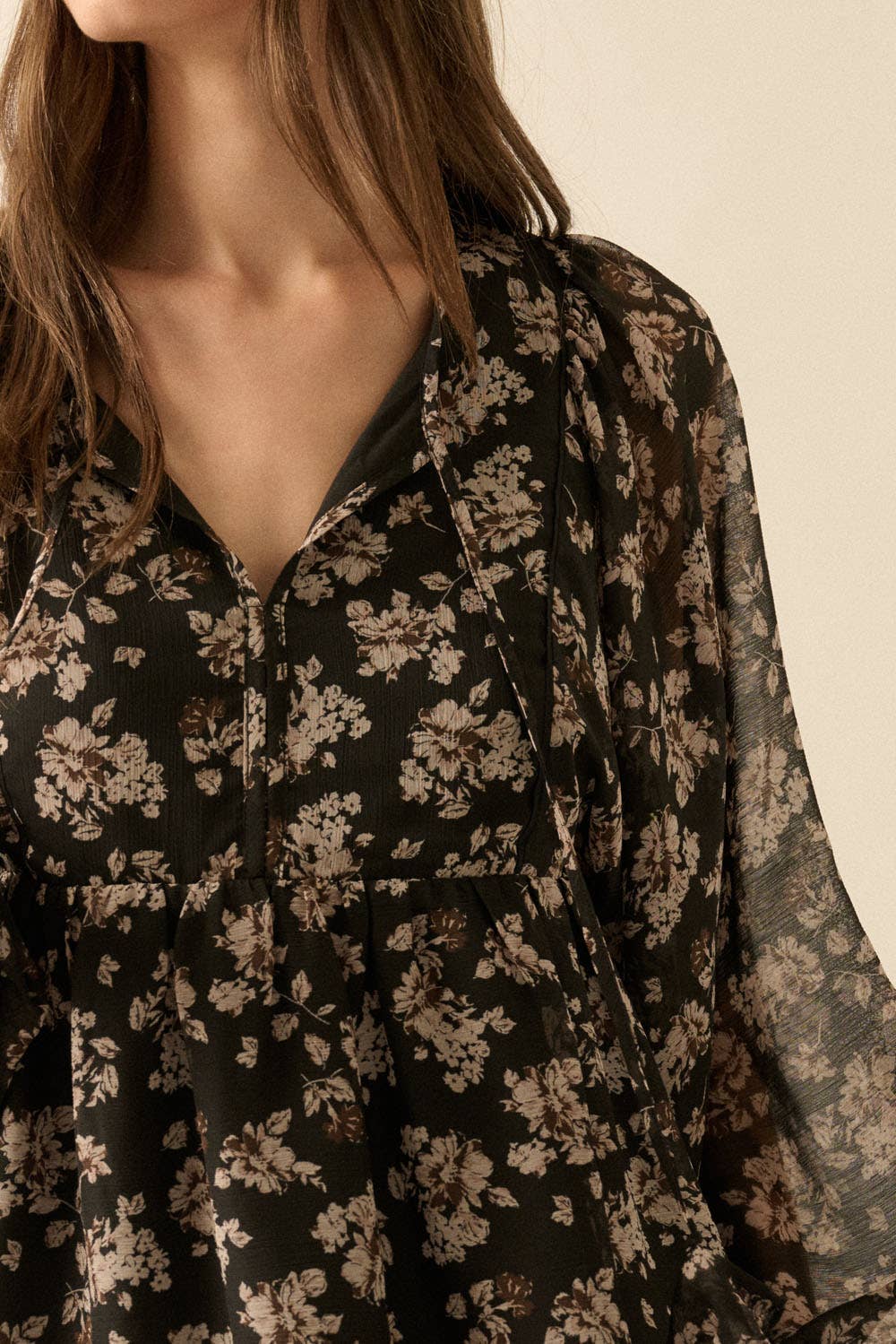 Floral Chiffon Tie-Neck Babydoll Peasant Top