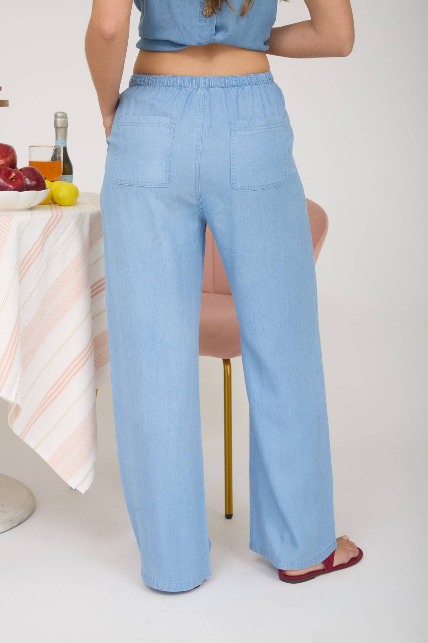 CHAMBRAY DRAWSTRING WIDE LEG LOUNGE PANTS