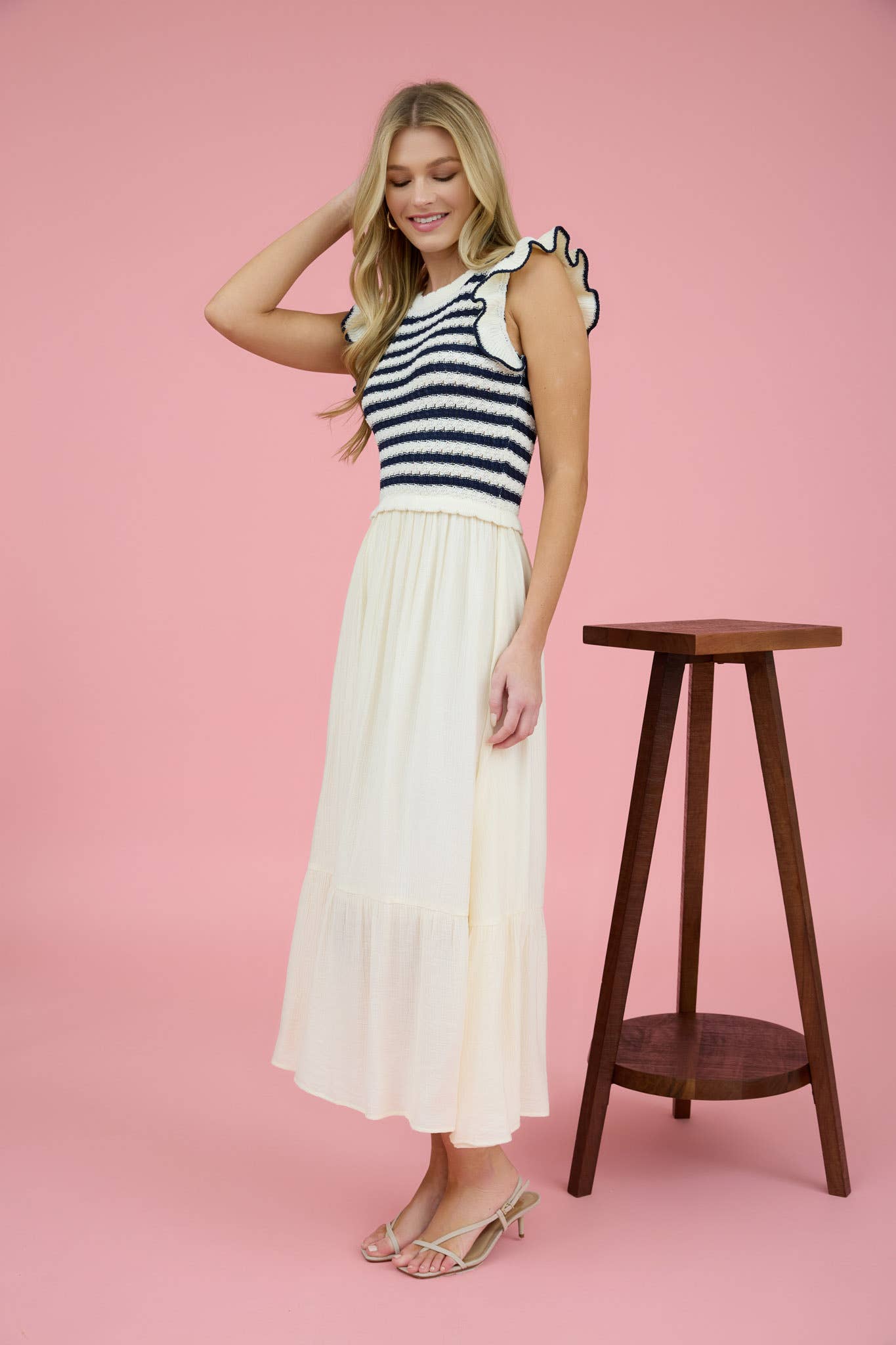 STRIPE SWEATER TOP MIXED MEDIA MIDI DRESS: NAVY