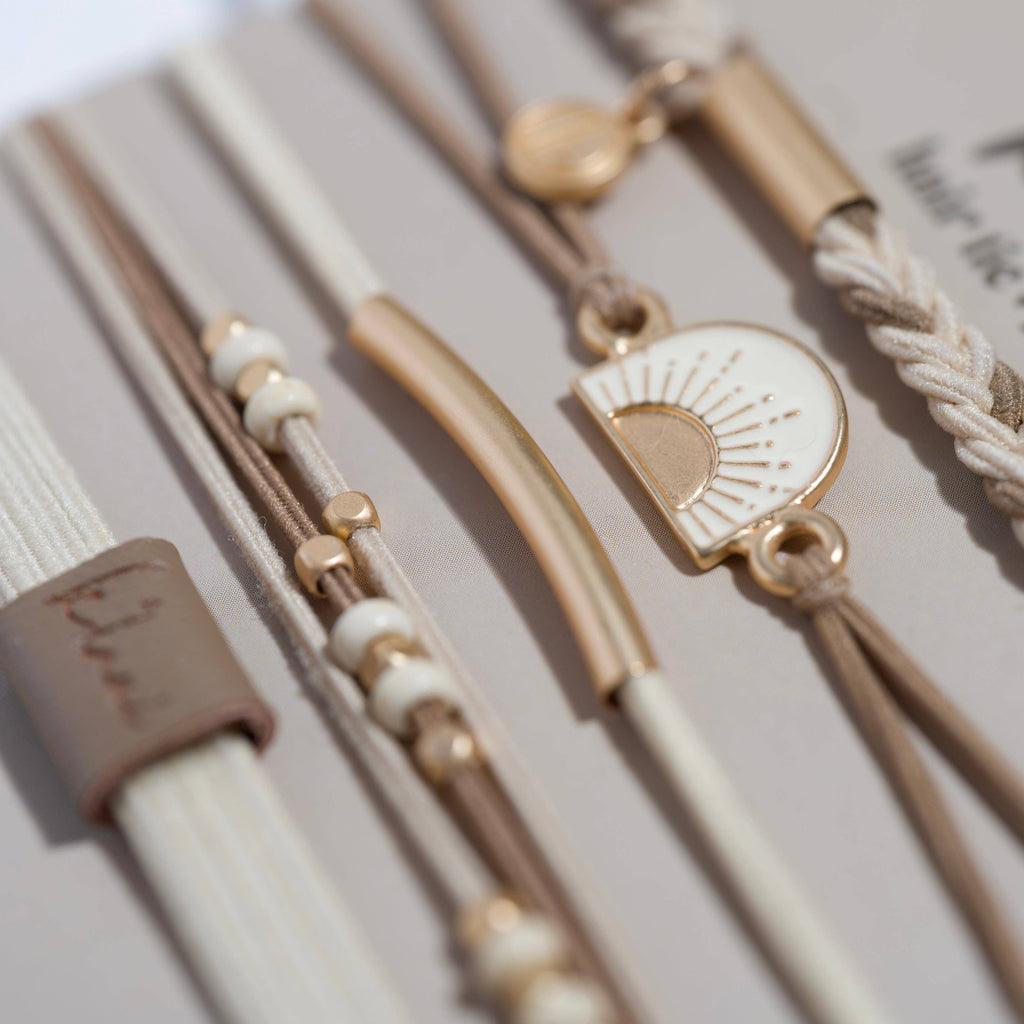 K'lani hair tie bracelets - "Rise" Cream and Tan With Gold and Sun Accents Hair Tie Bracelets