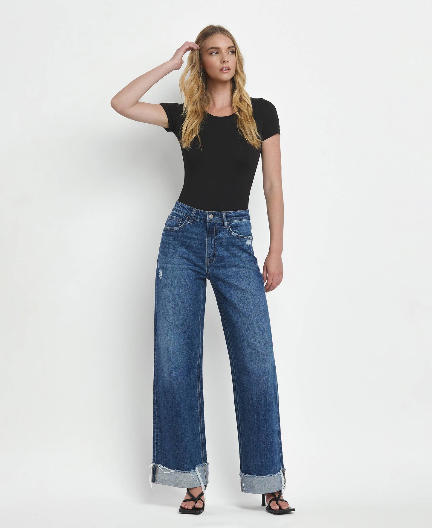 VERVET by FLYING MONKEY - SUPER HIGH RISE CUFFED BAGGY WIDE LEG JEANS T6614