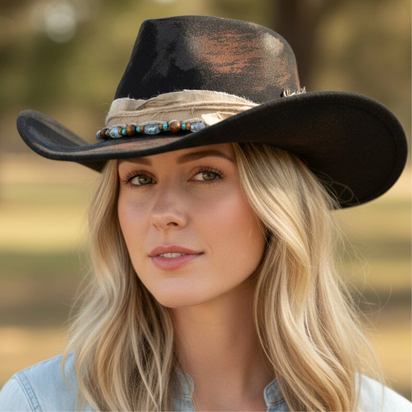 Distressed Fabric Band Rustic Cowgirl Fedora Hat