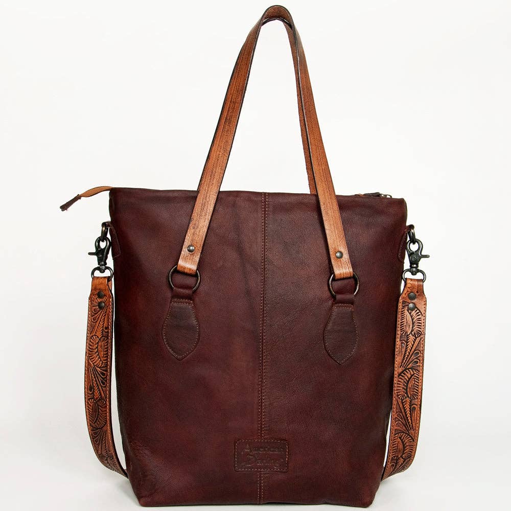 Hand-Tooled Full Leather Western Tote Bag - Wine Red with Floral Strap