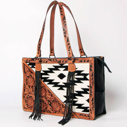 Southwestern Aztec Tote Bag with Hand-Tooled Leather and Fringe - Western Shoulder Purse
