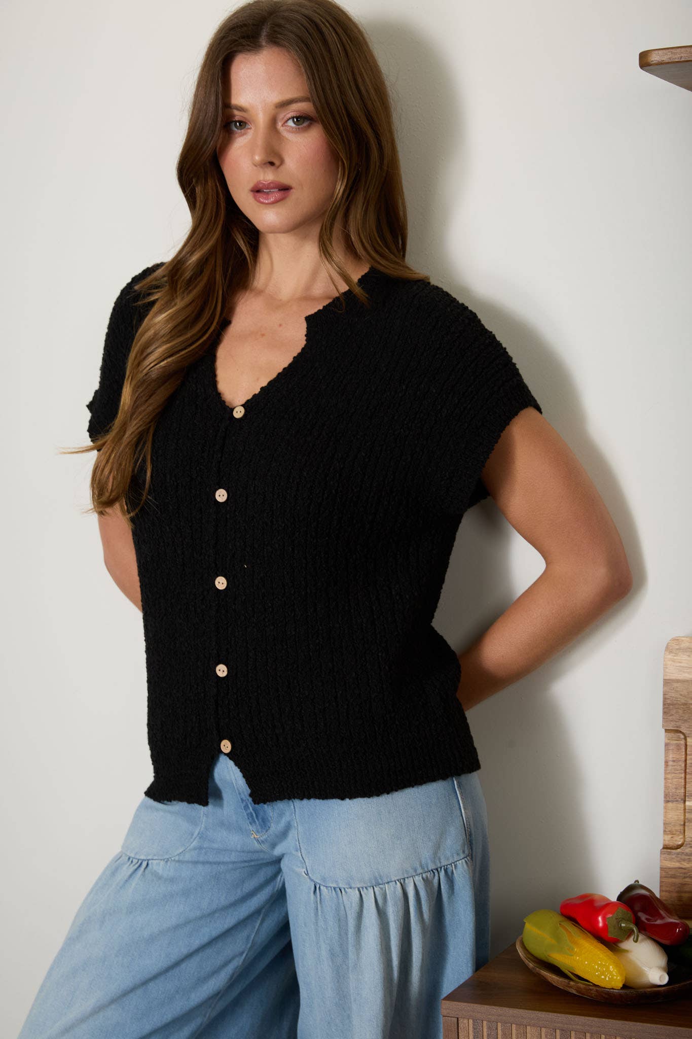 COZY SHORT SLEEVE BUTTON DOWN KNIT SWEATER